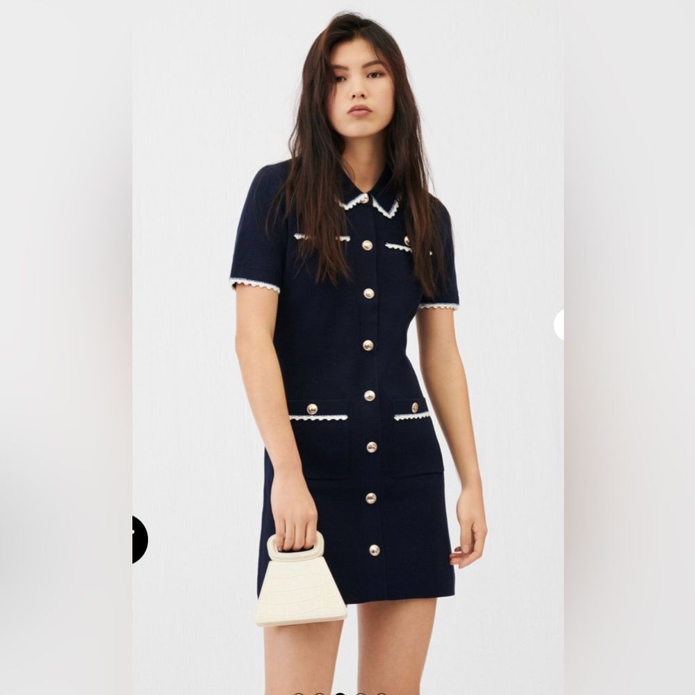 Maje Roliano Navy Scalloped Trim Dress Knit Short Sleeve Button-Up Size 38